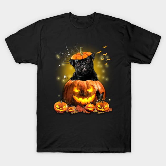 Black Pug Spooky Halloween Pumpkin Dog Head T-Shirt by Los Draws